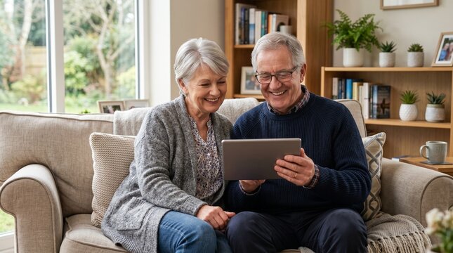 Cheerful senior couple sitting comfortably on a sofa in their home, sharing a pleasant experience while looking at a tablet device together