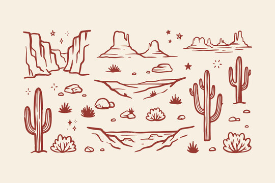Set of hand drawn desert elements including cactus mountains and rocks in a simple line art style illustration Vector, illustration