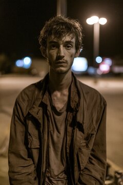  man in his late 20s, thin, face gaunt and weathered well beyond his years, dark circles under eyes that still carry a quiet intelligence. Wearing a cheap rumpled jacket over a wrinkled t-shirt