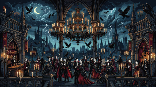 Grand gothic ballroom filled with elegant vampires dancing under a massive chandelier while storm clouds and crows fill the night sky.