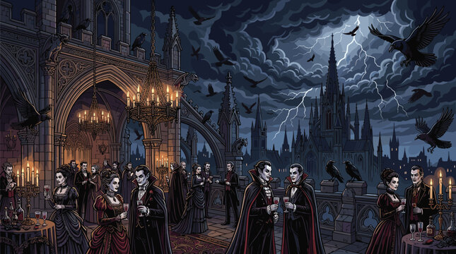 Sophisticated vampires in formal gothic attire gather for a cocktail party on a stone balcony overlooking a stormy city with lightning.