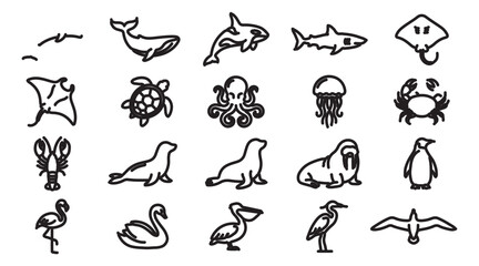 Minimalist sea life icons, 20 black line art ocean animal vectors, marine wildlife collection with whale shark and penguin, aquatic nature symbols © rehman