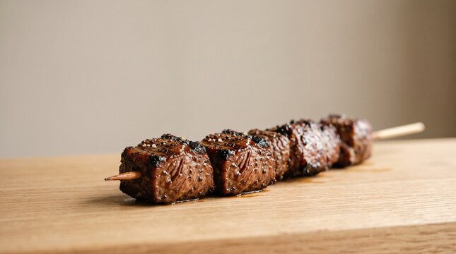 Minimalist food banner of grilled elk skewer with clean beige background