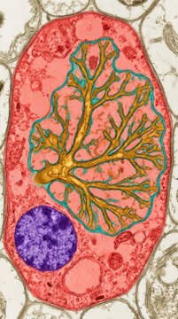 Arbuscular mycorrhizal fungus arbuscule demonstrating symbiotic nutrient exchange inside host plant root cytoplasm, showing periarbuscular membrane surrounding dendritic mycelium network.