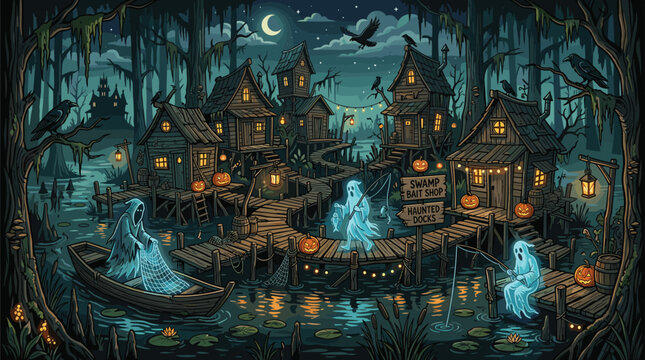 Haunted wooden shacks on stilts in a dark swamp feature ghostly figures fishing and glowing jack o lanterns along the narrow walkways.