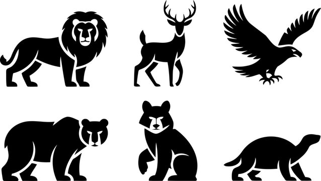 Black silhouettes of lion deer eagle bear panda and turtle on white background