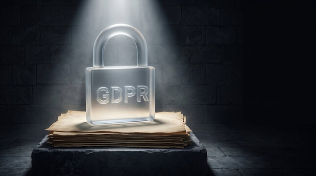 GDPR Compliance Concept with Glowing Glass Padlock on Stack of Documents