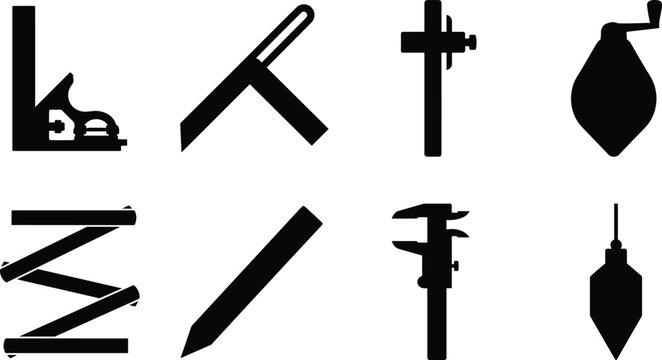 Vector silhouettes of measuring and drafting tools including square, ruler, caliper, pencil, plumb bob, and height gauge