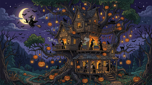 Large multi-level treehouse known as Witches Hollow is filled with sorceresses brewing magic and black cats under a glowing moon.