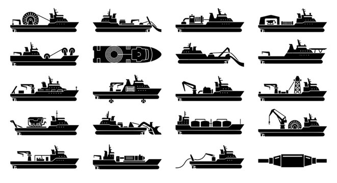 Commercial Offshore Support and Pipe-Laying Vessel Silhouettes, Various heavy-duty commercial ships, including pipe-laying vessels, cable layers, dredgers, and offshore support vessels.