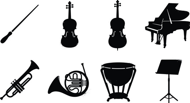 Vector silhouettes of orchestral musical instruments and accessories including violin, piano, trumpet, timpani, conductor baton, and music stand