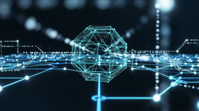 Futuristic Digital Network with Glowing Connected Nodes and Wireframe Sphere