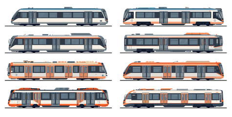 A collection of eight modern passenger train and subway car vector illustrations, showcasing various designs and color schemes for urban and regional transport. © Tukujajan