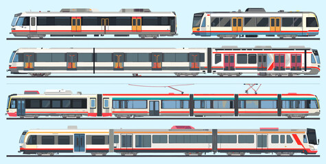 A collection of various modern passenger trains, subway cars, and trams in side profile, illustrating different rail transport options. © Tukujajan