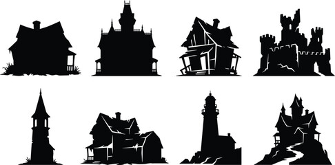 Obraz premium Vector silhouettes of spooky and gothic buildings including haunted house, castle, crooked tower, lighthouse, and eerie mansion