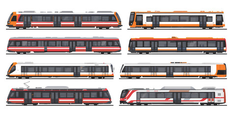 Collection of various modern passenger trains and trams in different colors and designs, isolated on a white background. © Tukujajan