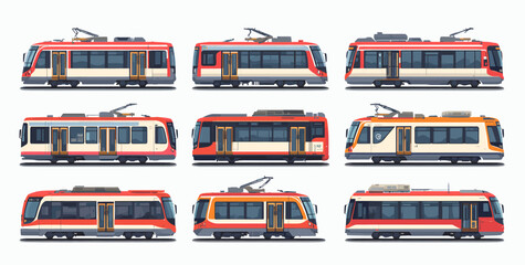 Collection of nine modern electric trams, each with a unique design and color scheme, displayed in a grid formation against a white background. © Tukujajan