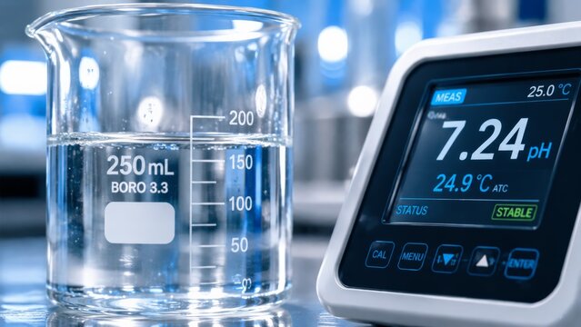 Closeup of borosilicate glass beaker partly filled with clear water beside digital pH meter display showing neutral reading, temperature values, lab calibration, and quality testing scene