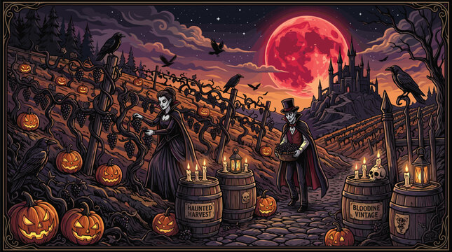 Elegant vampires harvest grapes in a spooky hillside vineyard under a massive red blood moon with a distant gothic castle in the dark.