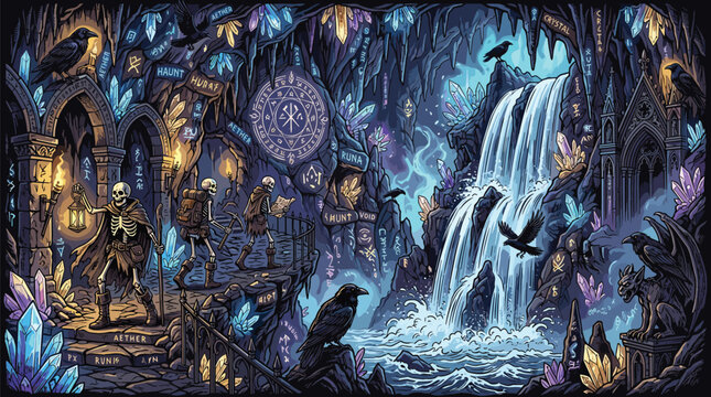 Skeletal explorers navigate a glowing crystal cave with a waterfall and magical runes carved into the dark rocky cavern walls at night.