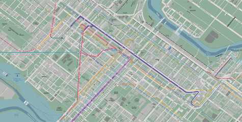 Fototapeta premium Detailed map showing various public transport routes and urban infrastructure.