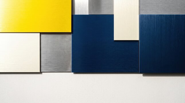 Modern geometric wall composition of colored metal panels in yellow blue silver and cream creating layered textured rectangles and minimalist abstract design with subtle shadows and clean lines