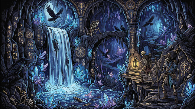Glowing ancient cavern with a waterfall is explored by skeletal travelers among vibrant purple crystals and perched black ravens.