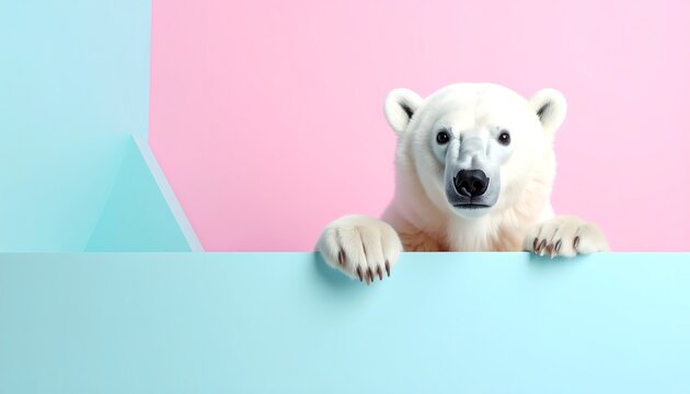 Polar bear peeking from behind a pastel backdrop
