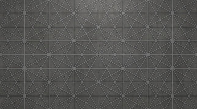 Geometric concrete wall with repeating triangular grid pattern, matte gray surface featuring radial star intersections and subtle texture, modern architectural background with industrial feel