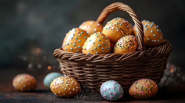 Rustic wicker bowl piled high with traditionally painted patterned brown Easter eggs