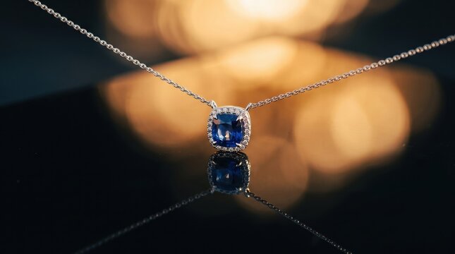 Sapphire pendant necklace with cushion cut blue gemstone and diamond halo reflected on black surface, warm bokeh light adding elegant mood
