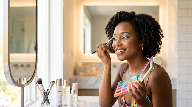 Young woman applying colorful eyeshadow in bright bathroom mirror, smiling while holding palette and brush, natural light highlighting curly hair and skincare bottles on marble counter