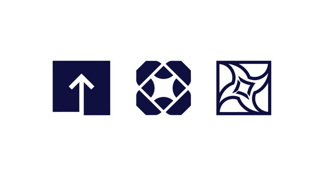 Three distinct geometric icons in dark blue color.