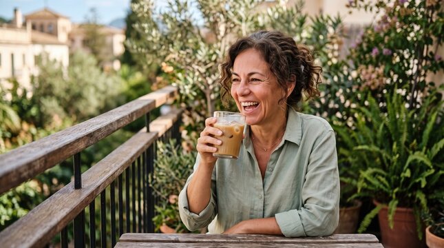 Woman laughing while enjoying iced coffee on sunny balcony with plants and historic buildings in background, relaxed joyful expression and casual outfit