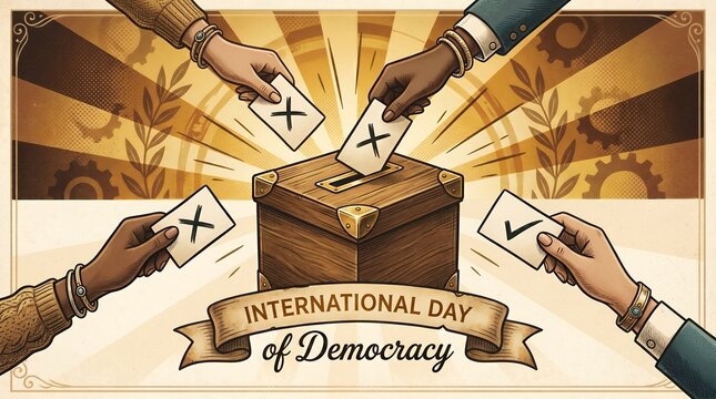 Vintage Illustration Depicting Diverse Hands Casting Ballots into a Wooden Ballot Box for International Day of Democracy