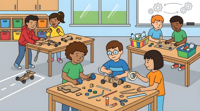 Diverse elementary school students designing and building rubber band powered cars during a hands-on STEM engineering lesson. Educational illustration promoting creativity, teamwork, engineering desig