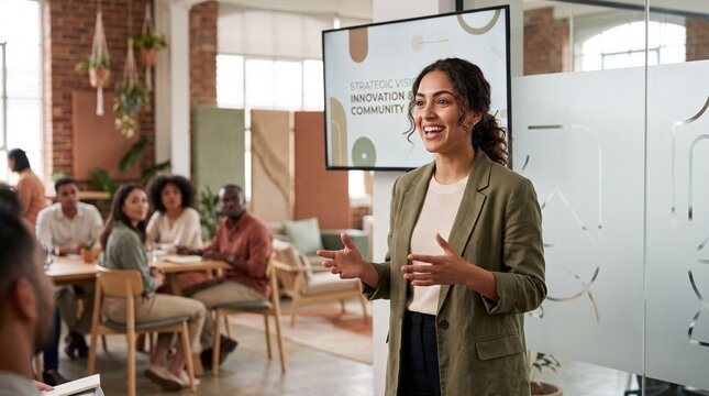 Woman giving presentation in modern meeting space with colleagues listening, smiling and taking notes, conveying leadership and collaboration in creative office environment