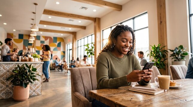 Young woman smiling while using smartphone at sunlit cafe table with coffee and notebook, casual indoor scene showing social atmosphere and modern decor