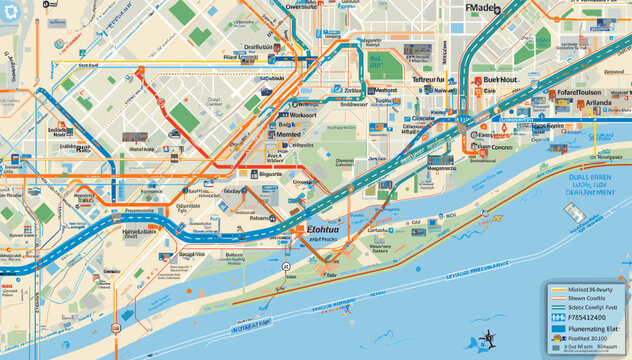 Detailed map of Minneapolis and St. Paul showing transportation routes, bike trails, and scenic byways along the Mississippi River.