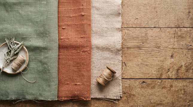 Linen fabric swatches in muted green terracotta and natural beige arranged on rustic wooden table with twine spool and dried herbs, warm textured textile still life conveying calm and craft