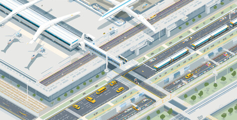 Isometric illustration of a bustling modern transportation hub featuring an airport with planes, multiple train lines, roads with taxis and buses, and intricate infrastructure. © Tukujajan