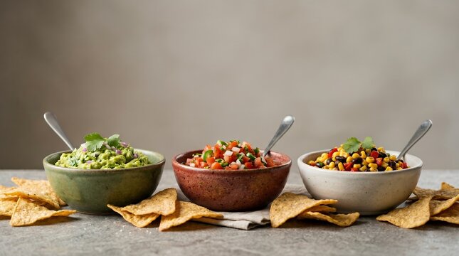 Three Delicious Bowls of Mexican Inspired Dips and Chips Arranged Artistically