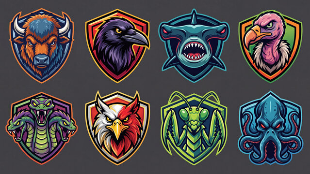 A fierce and aggressive esport mascot logo design in dark background, bison, crow, shark, vulture, hydra, griffin, mantis, kraken included