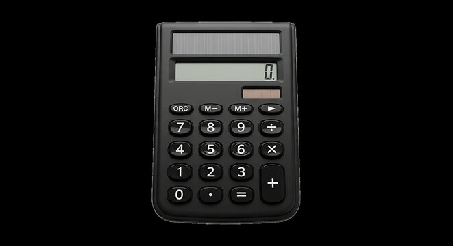 A sleek black calculator with white numbers on a plain black background
