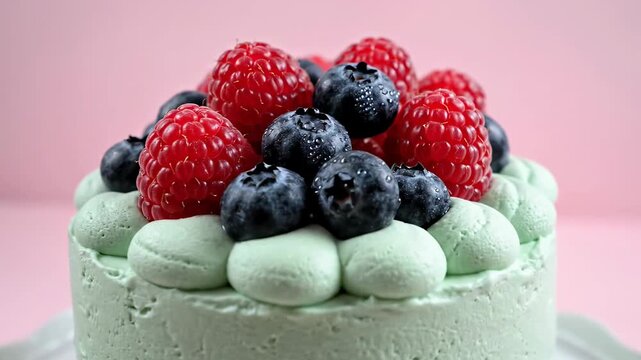 Mint cake with raspberry and blueberry topping placed on white plate. Colorful dessert displayed in kitchen with pink backdrop. Concept of bakeries, catering, dessert shops