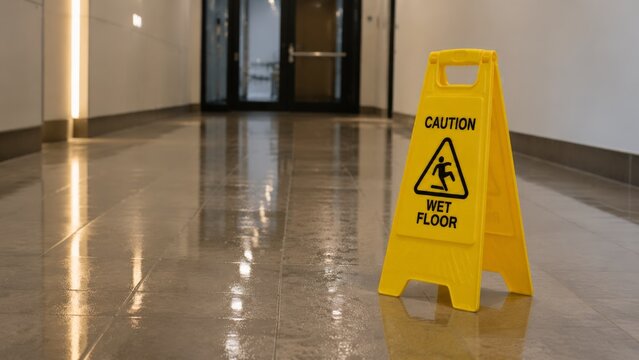 A yellow caution wet floor sign sits in a shiny tiled hallway with visible reflections, warning pedestrians of a slipping hazard in a modern corridor