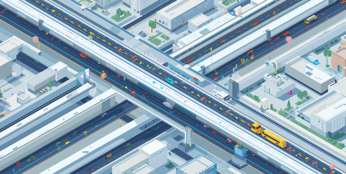 Isometric aerial view of a busy modern city intersection with multi-level roads, heavy traffic, and various vehicles including cars, trucks, and a school bus.