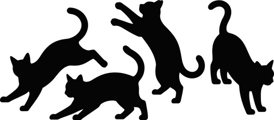 Four black cat silhouettes in different playful poses isolated on transparent background © SAYEDAJANNATUL