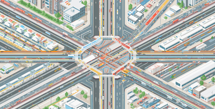 An intricate isometric aerial view of a bustling multi-level urban transportation interchange with intersecting highways, roads, and railway tracks.