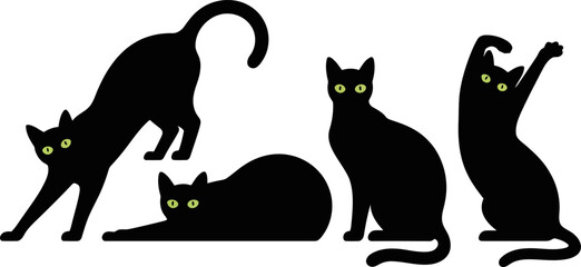 Four black cats in various poses with green eyes isolated on transparent background © SAYEDAJANNATUL